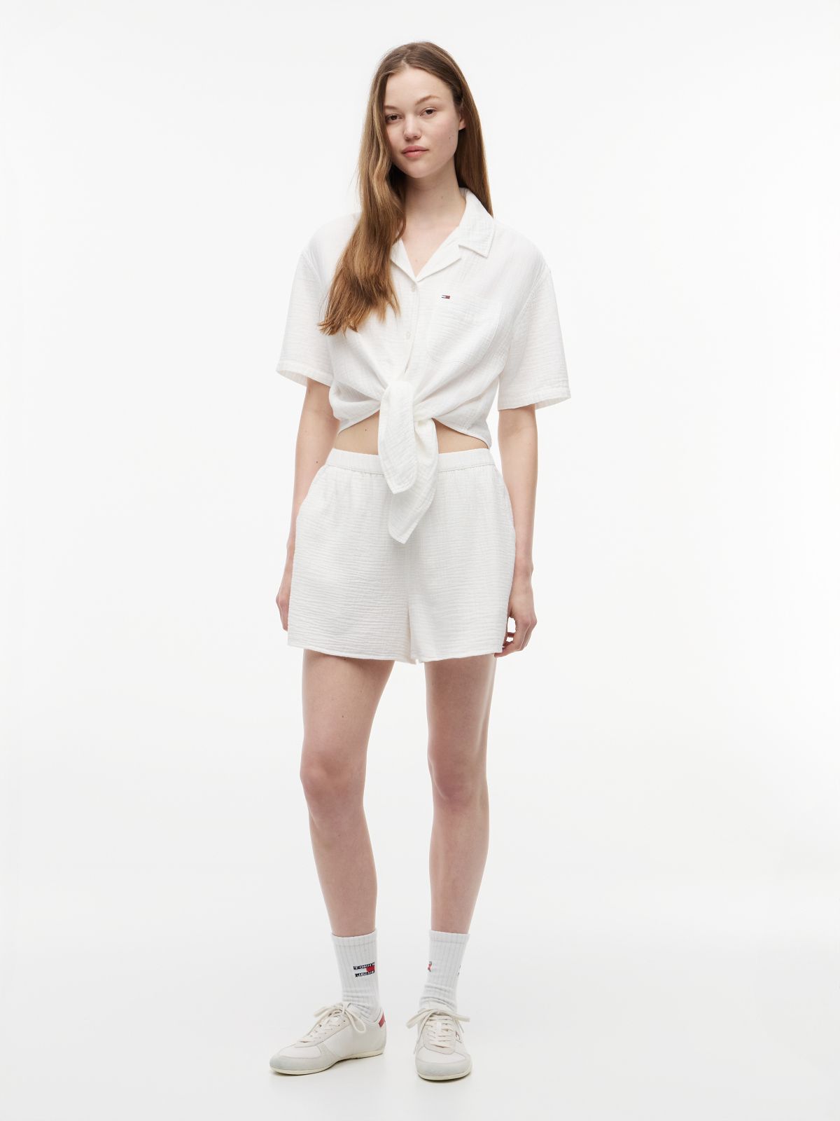 Crinkle Tie Front Short Sleeve Shirt — White