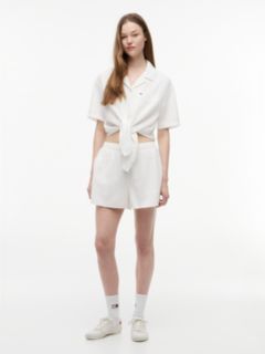 Crinkle Tie Front Short Sleeve Shirt — White 2