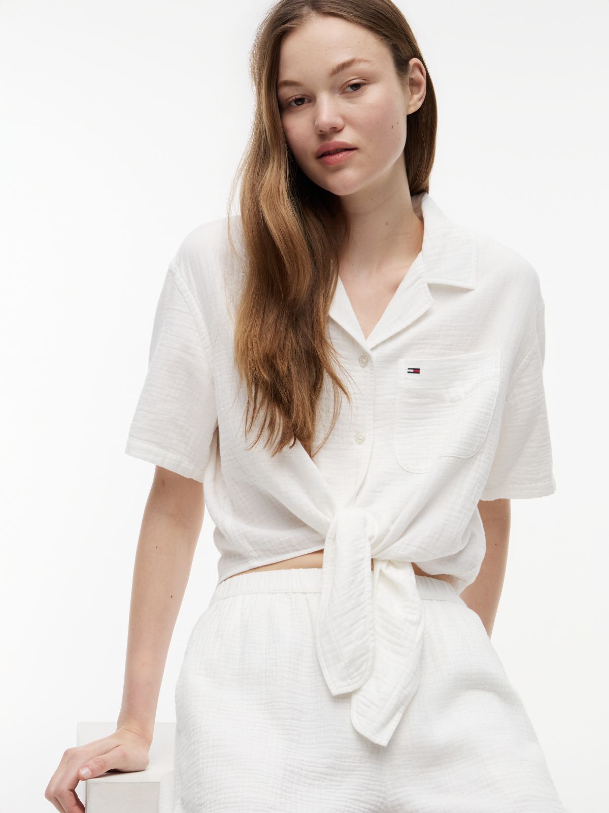 Crinkle Tie Front Short Sleeve Shirt — White