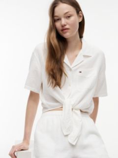 Crinkle Tie Front Short Sleeve Shirt — White 3