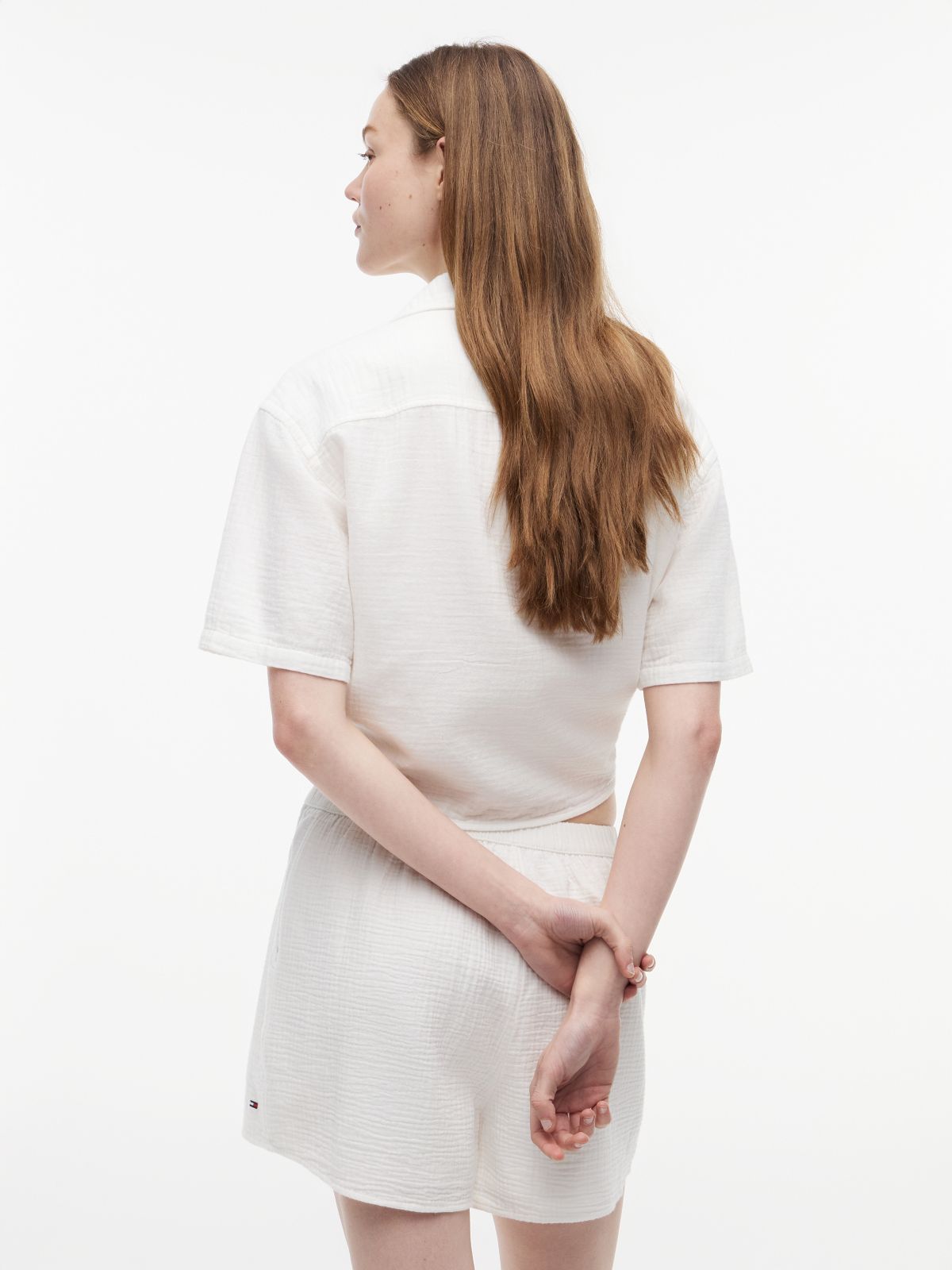 Crinkle Tie Front Short Sleeve Shirt — White
