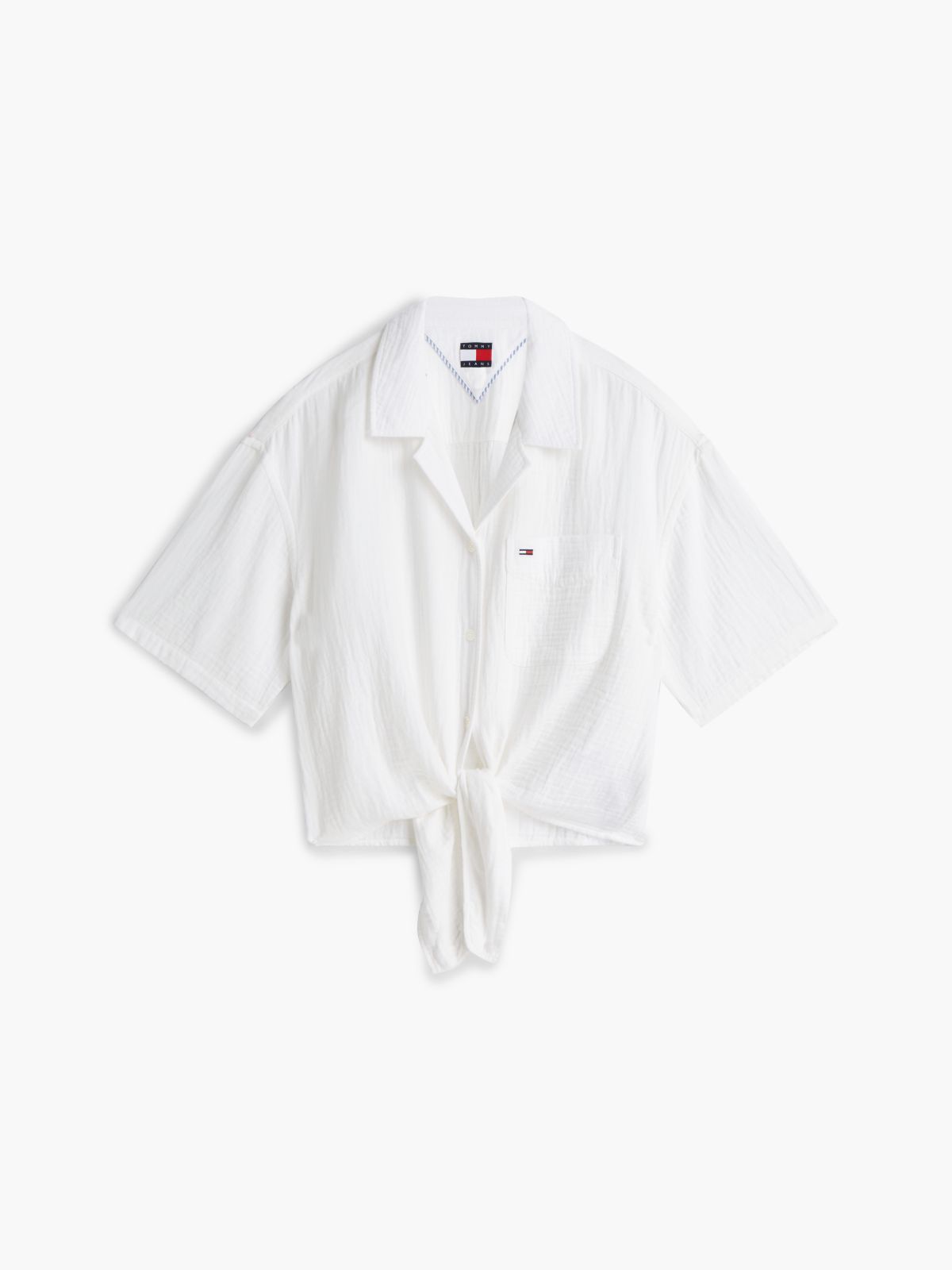 Crinkle Tie Front Short Sleeve Shirt — White