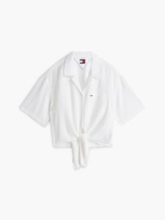 Crinkle Tie Front Short Sleeve Shirt — White 5