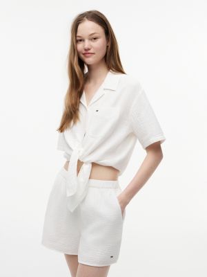 white crinkle tie front short sleeve shirt for women tommy jeans