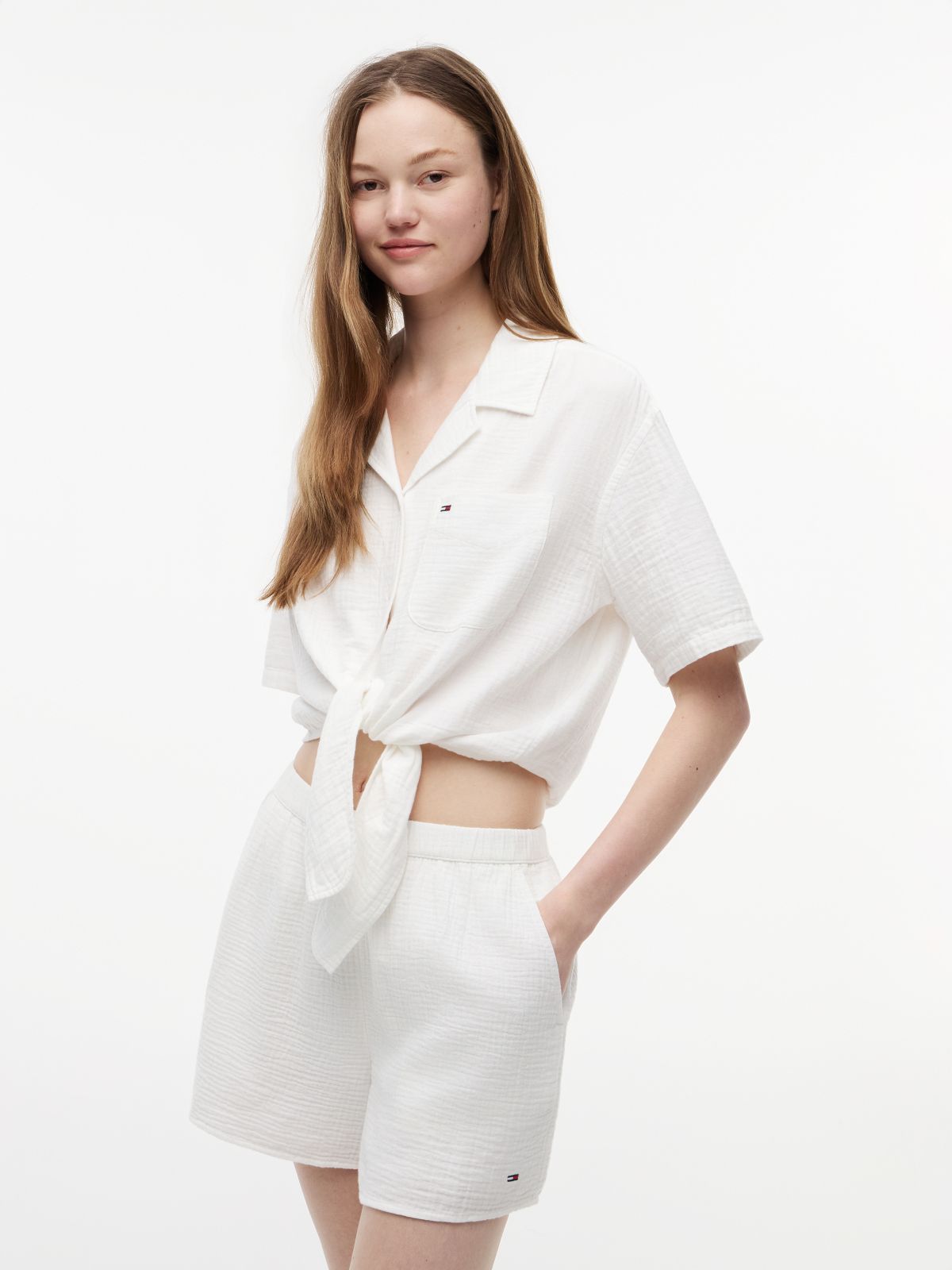 Crinkle Tie Front Short Sleeve Shirt — White