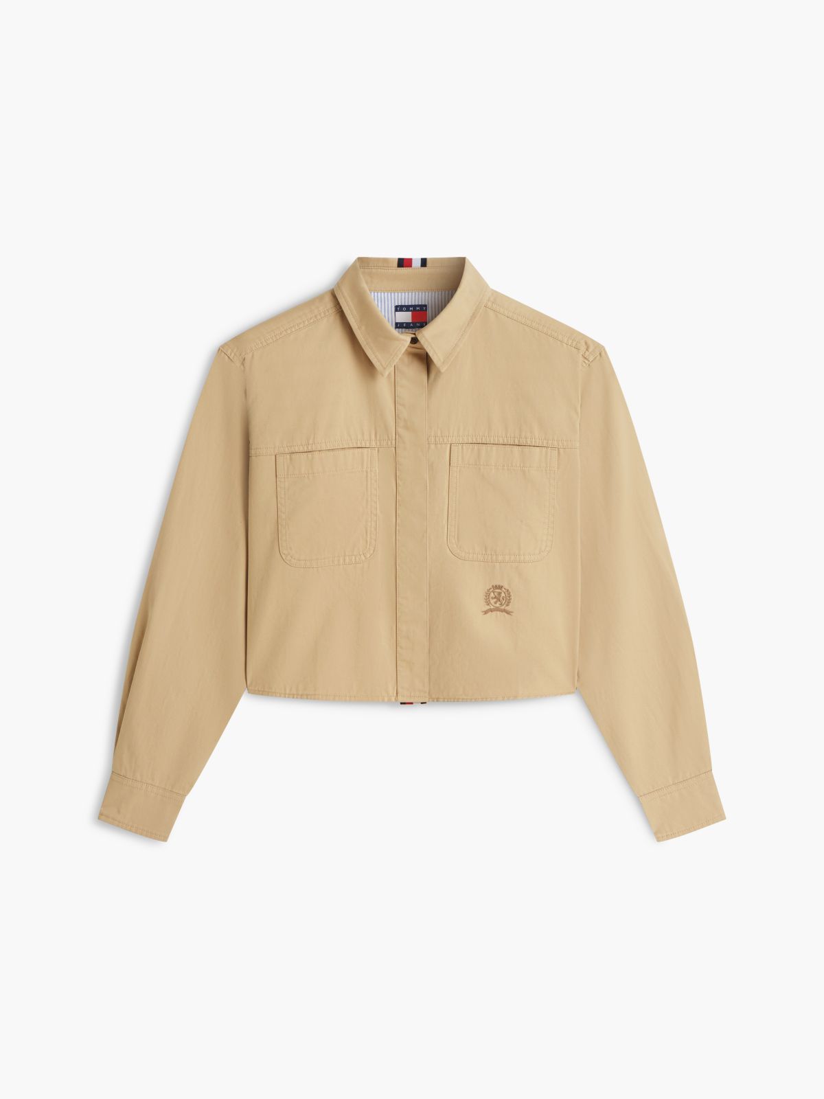 Relaxed Fit Crest Embroidery Cropped Shirt — Beige