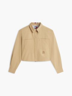 Relaxed Fit Crest Embroidery Cropped Shirt — Beige 5