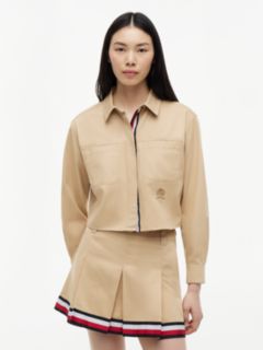 Relaxed Fit Crest Embroidery Cropped Shirt — Beige 1