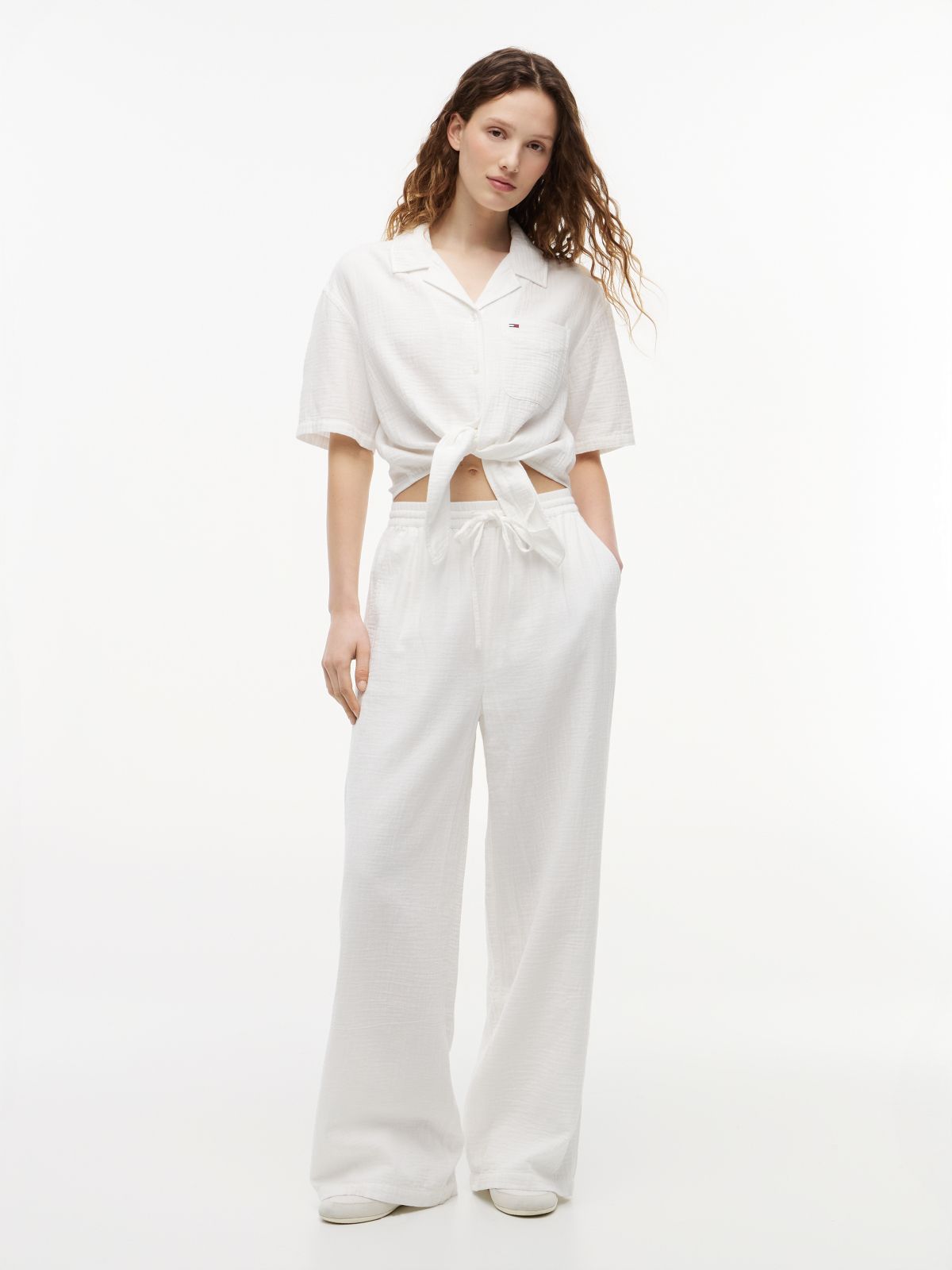 Crinkle Textured Loose Trousers — White