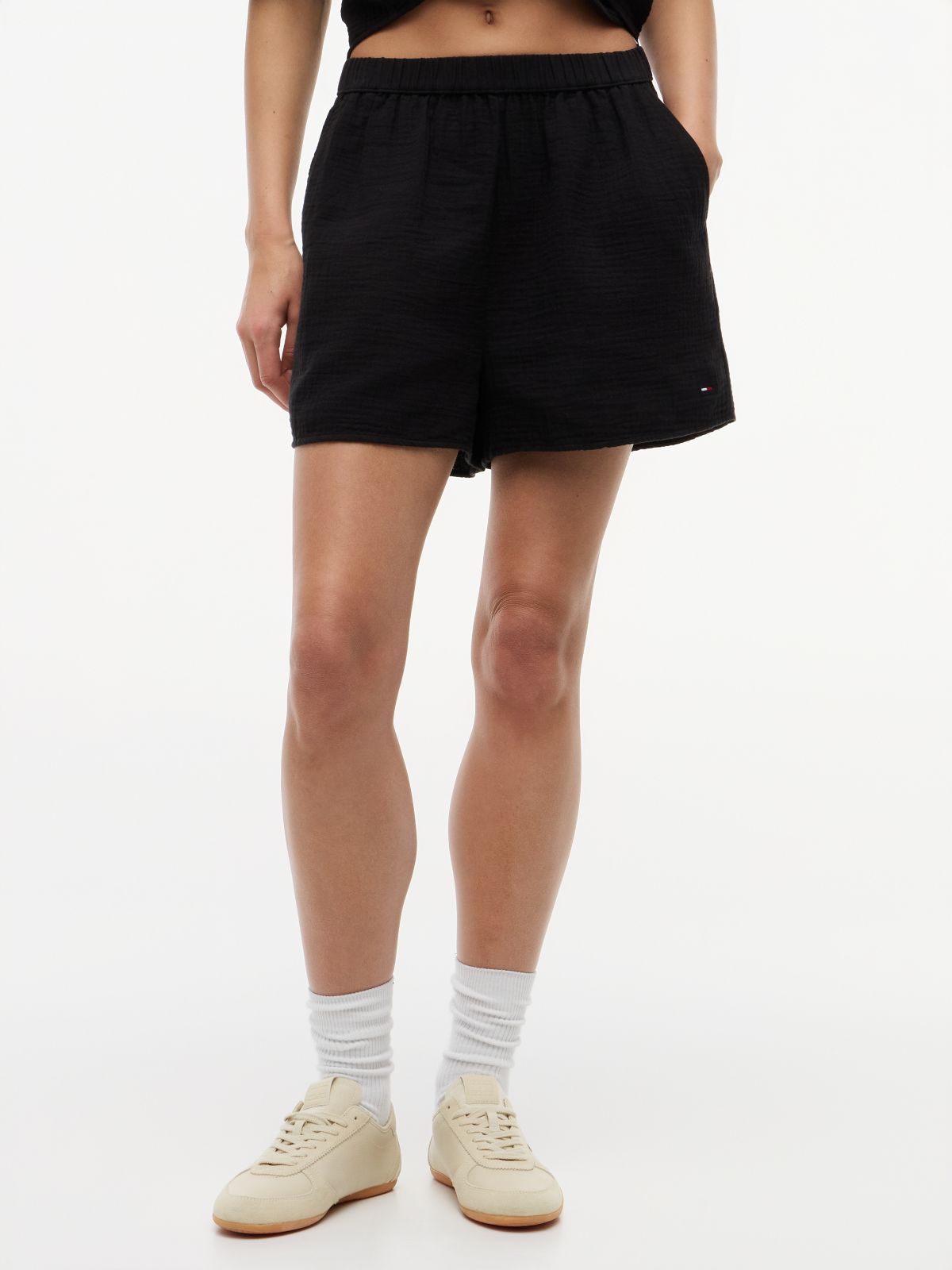 Crinkle Textured Relaxed Shorts — Black