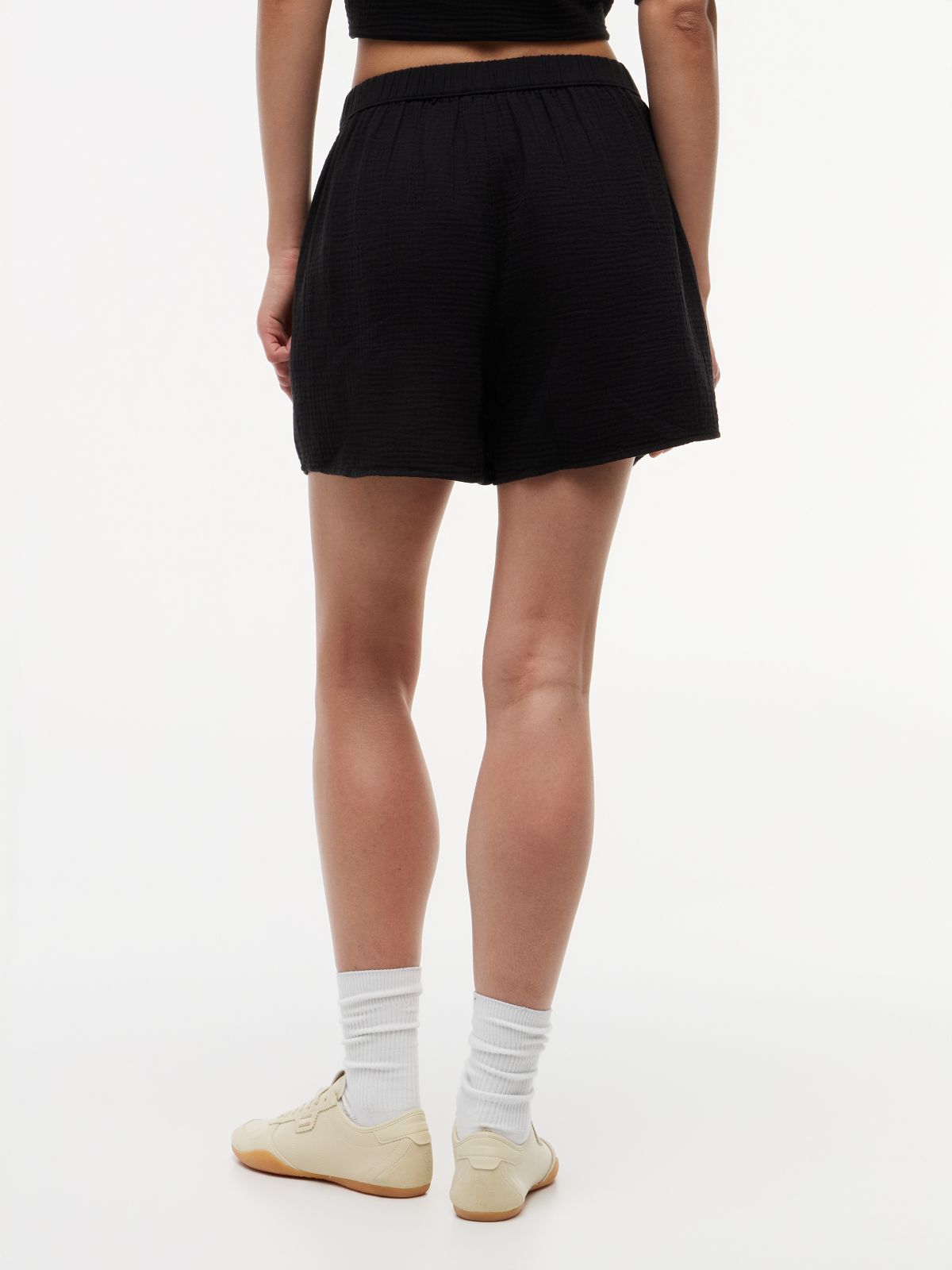 Crinkle Textured Relaxed Shorts — Black