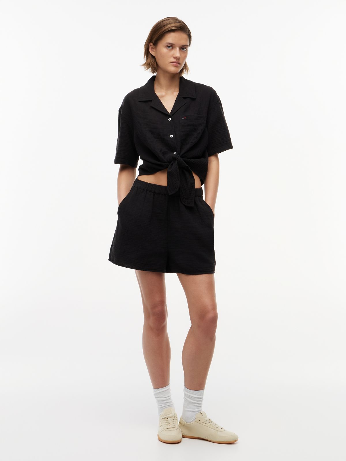 Crinkle Textured Relaxed Shorts — Black