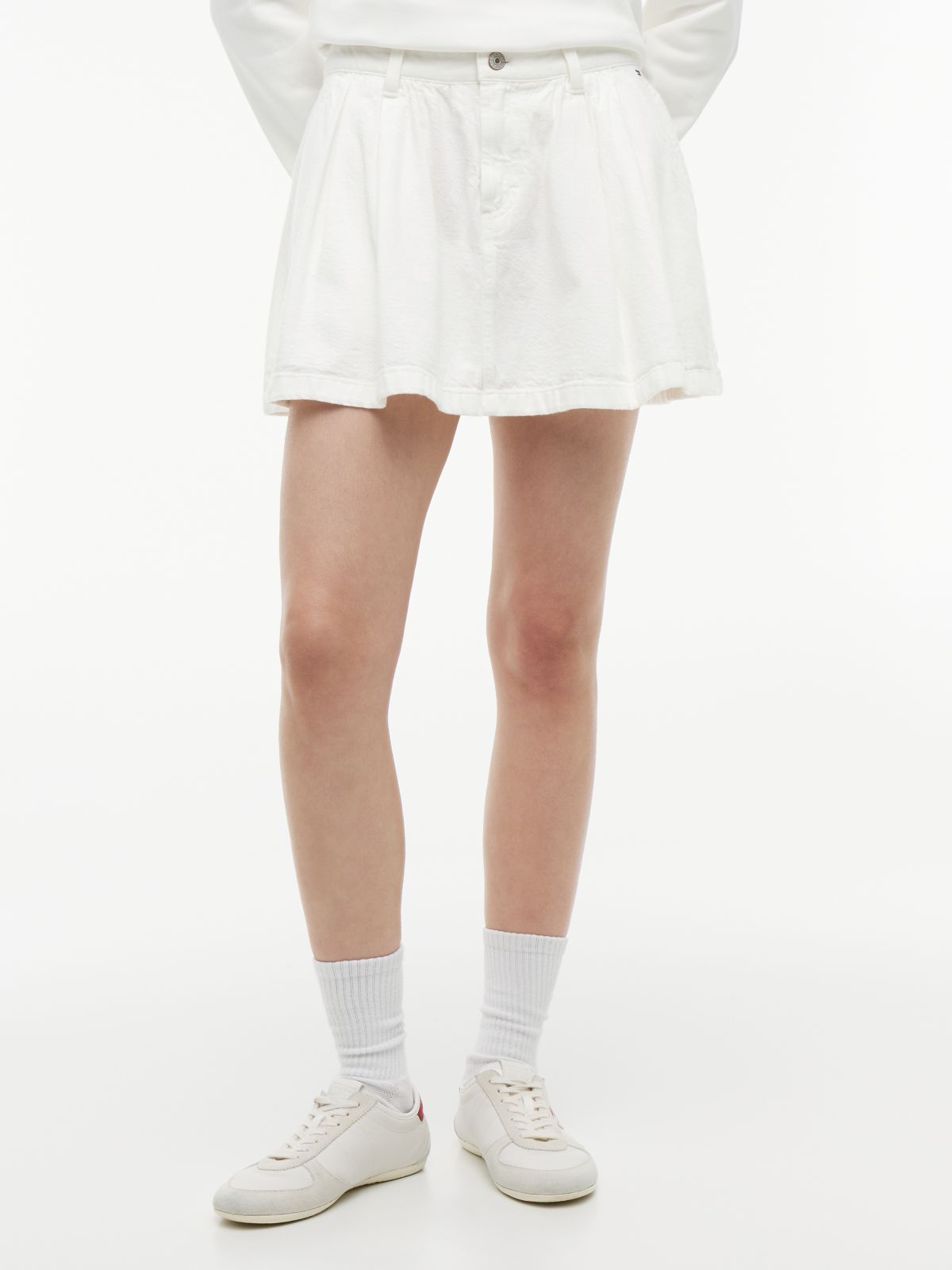 Textured Twill Pleated Flared Mini Skirt — White