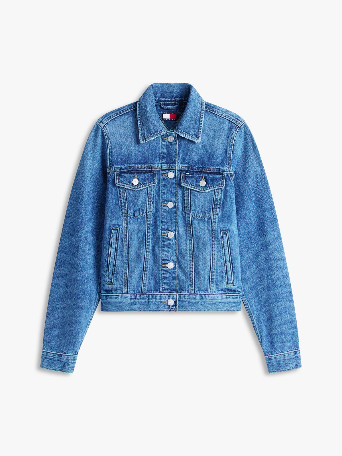 Relaxed Distressed Denim Trucker Jacket — Blue