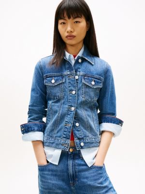 blue relaxed distressed denim trucker jacket for women tommy jeans