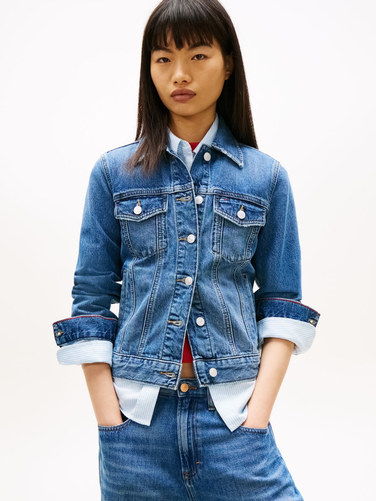 Relaxed Distressed Denim Trucker Jacket — Blue