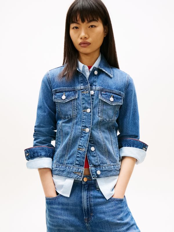 Relaxed Distressed Denim Trucker Jacket — Blue