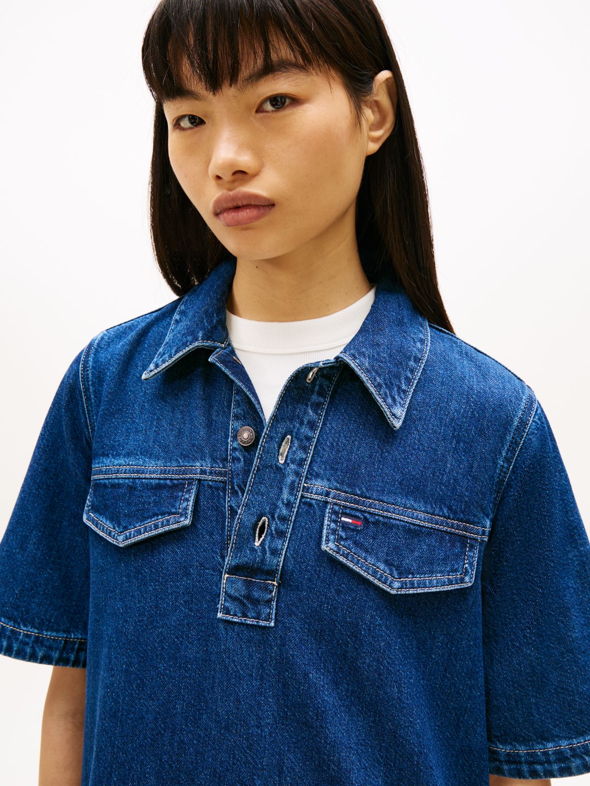 Mini Denim Short Sleeve Shift Dress — Blue