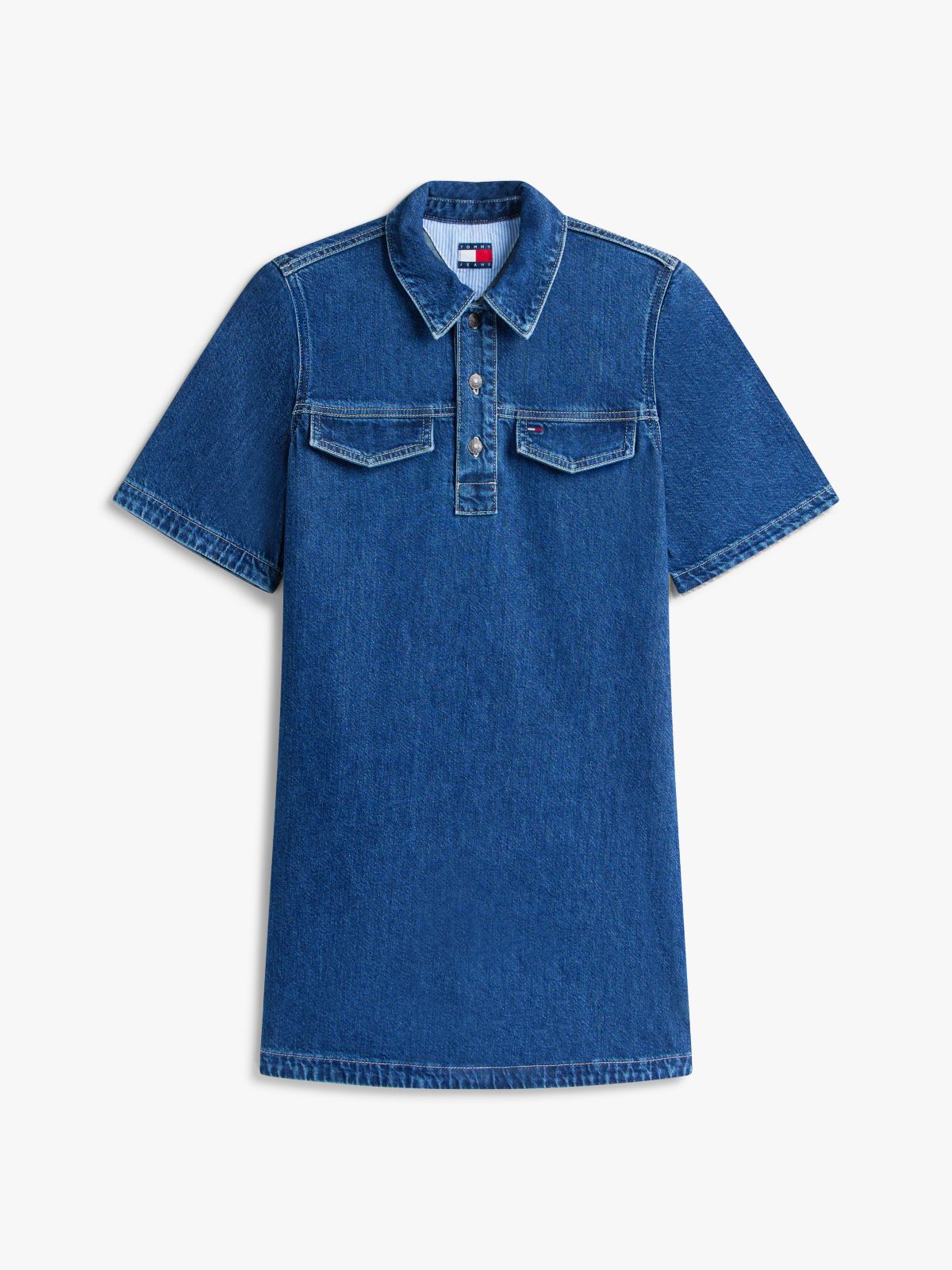 Mini Denim Short Sleeve Shift Dress — Blue