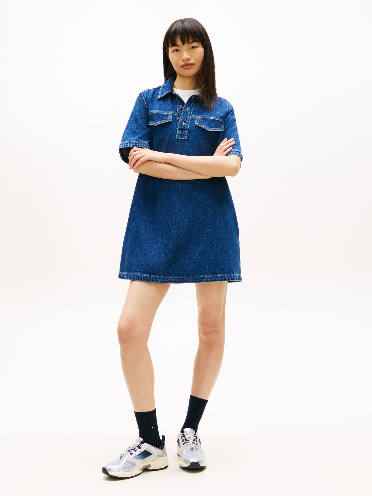Mini Denim Short Sleeve Shift Dress — Blue