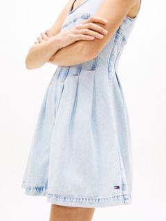 Seam Detail Pleated Denim Sleeveless Dress — Blue 3