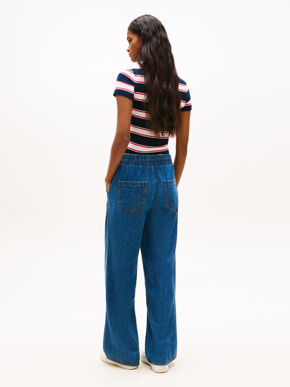 Chambray Denim Loose Drawstring Trousers — Blue