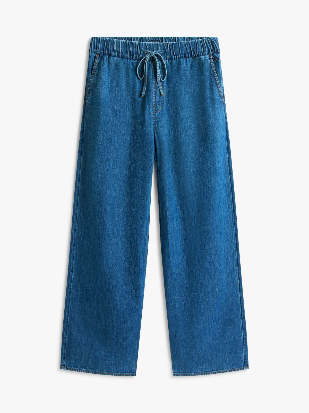 Chambray Denim Loose Drawstring Trousers — Blue