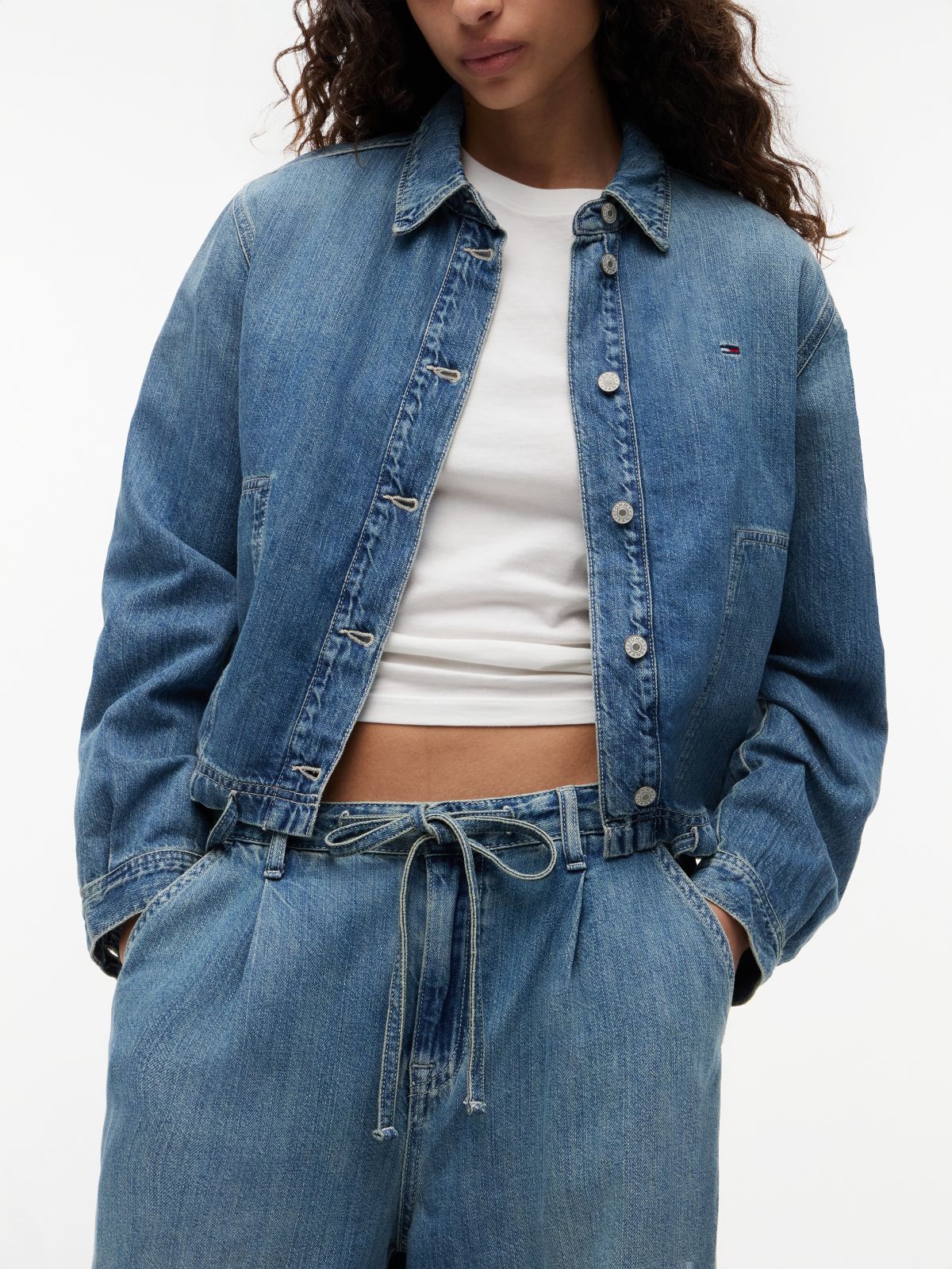 Charlie Mid Rise Loose Drawstring Jeans With Linen — Blue