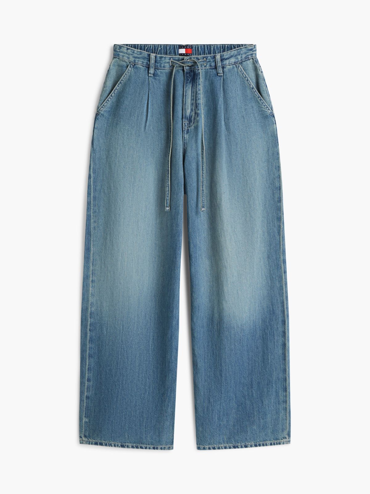 Charlie Mid Rise Loose Drawstring Jeans With Linen — Blue