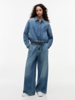 Charlie Mid Rise Loose Drawstring Jeans With Linen — Blue 1