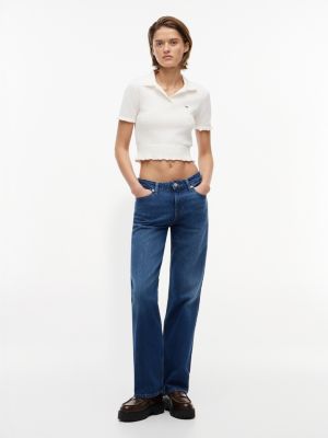 blue whiskered low rise straight leg jeans for women tommy jeans