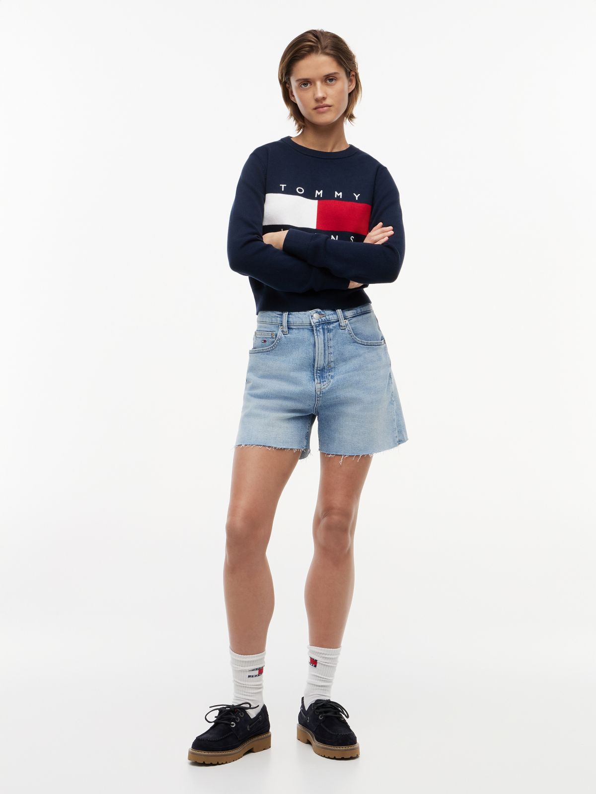 Mom Whiskered Denim Shorts — Blue