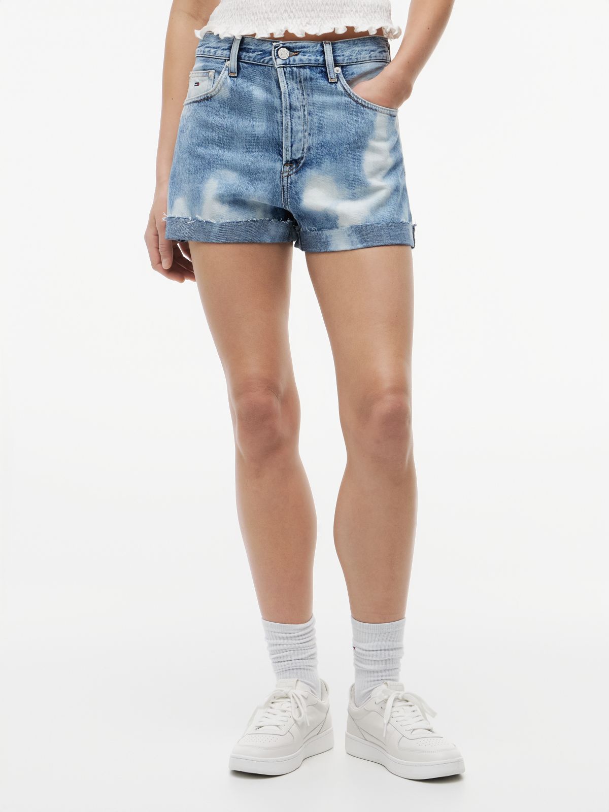 Tie-Dye Bleached Denim Shorts — Blue