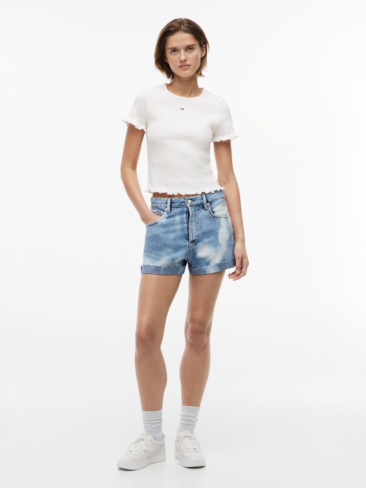 Tie-Dye Bleached Denim Shorts — Blue