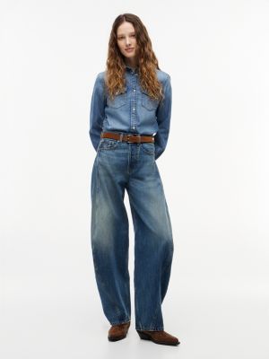 denim twisted seam mid rise barrel jeans for women tommy jeans
