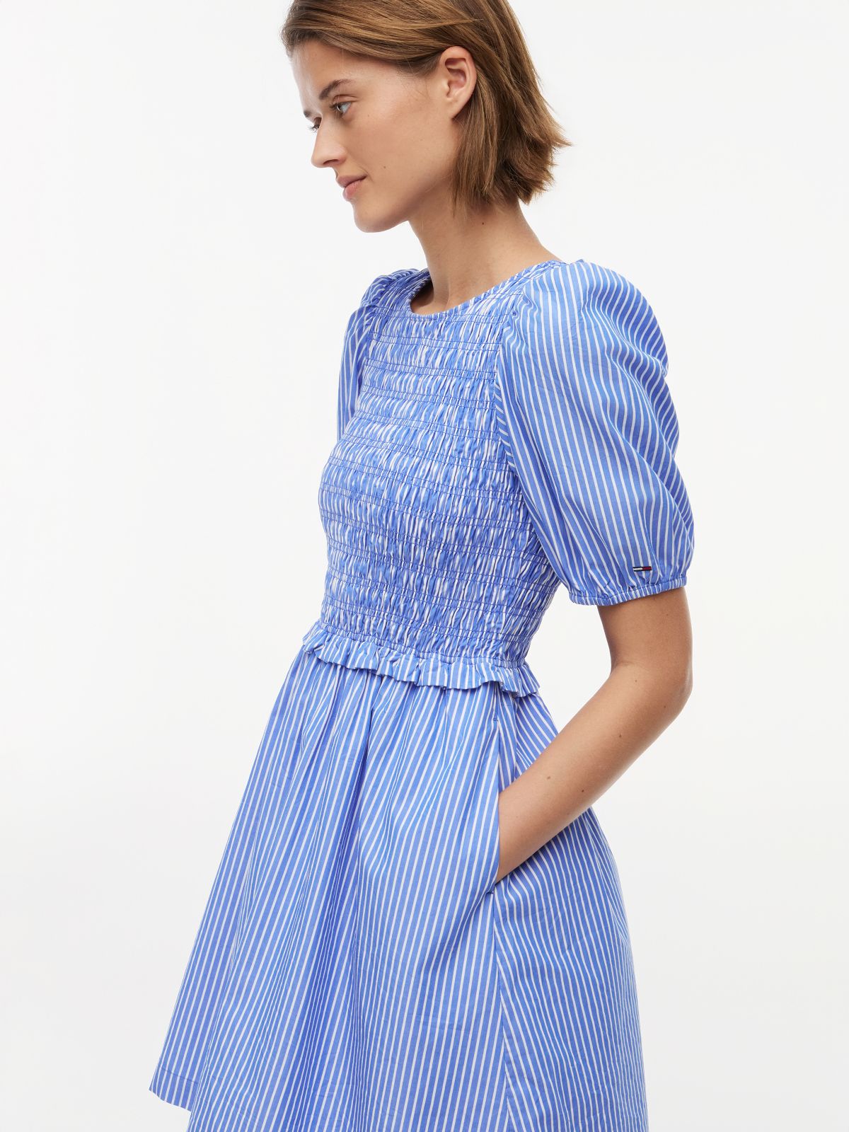 Back Tie Smock Slim Poplin Mini Dress — Blue