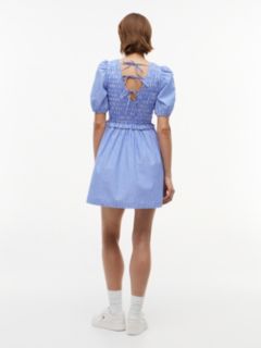 Back Tie Smock Slim Poplin Mini Dress — Blue 4