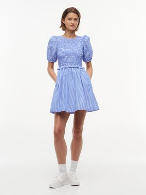 blue back tie smock slim poplin mini dress for women tommy jeans