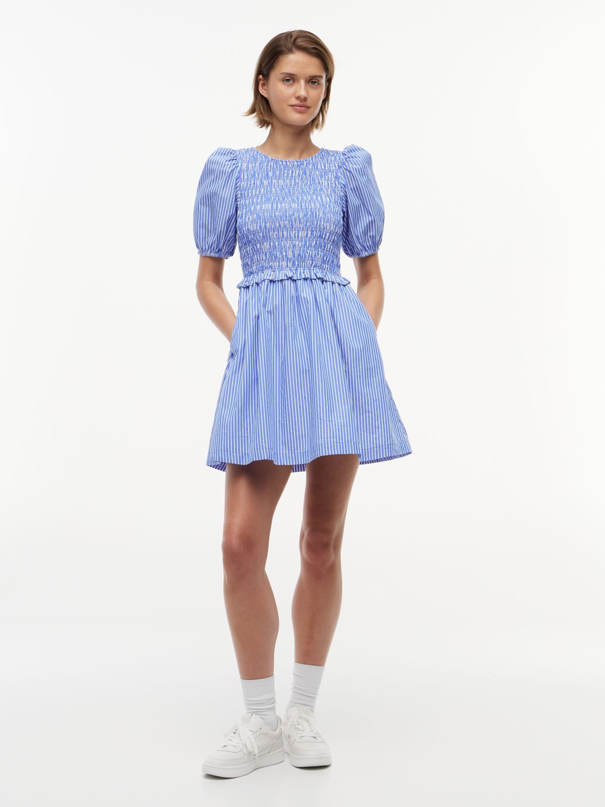 Back Tie Smock Slim Poplin Mini Dress — Blue