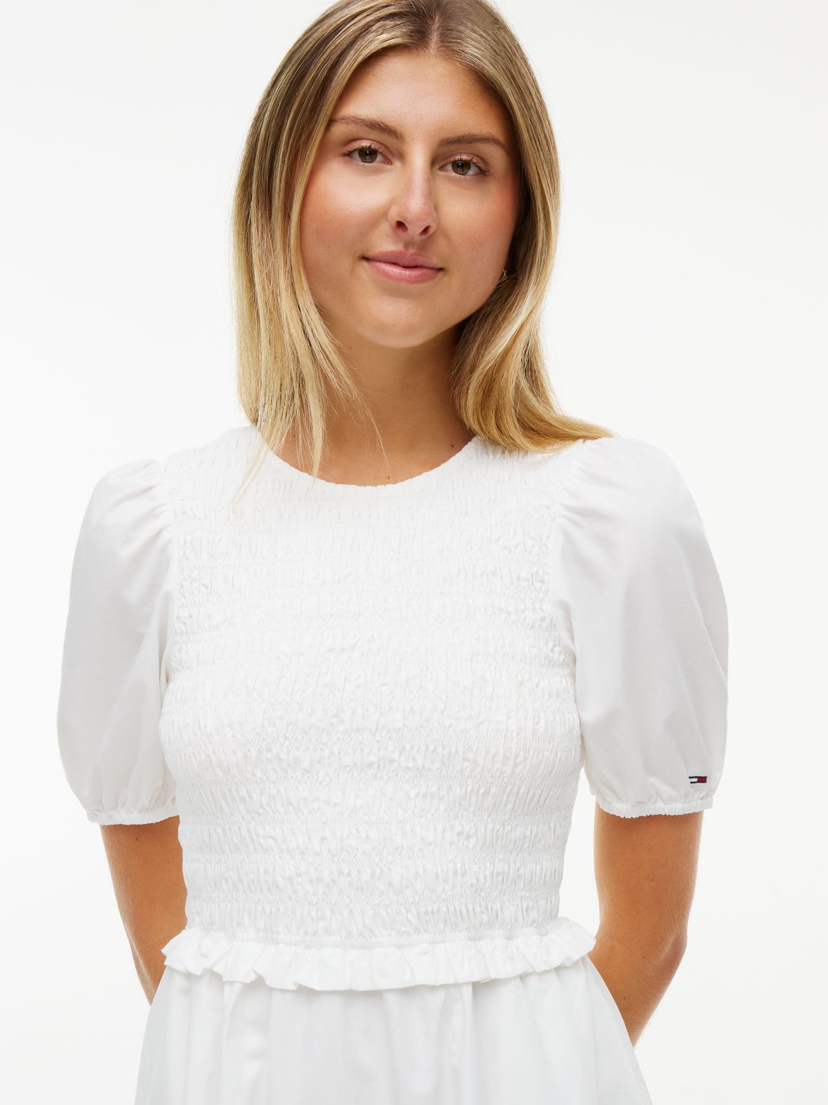Back Tie Smock Slim Poplin Mini Dress — White