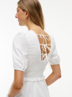 Back Tie Smock Slim Poplin Mini Dress — White 3