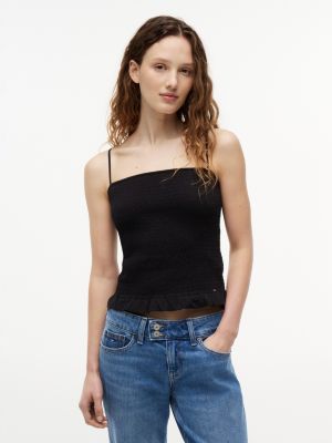 black slim fit gesmokte top met bandjes voor dames - tommy jeans