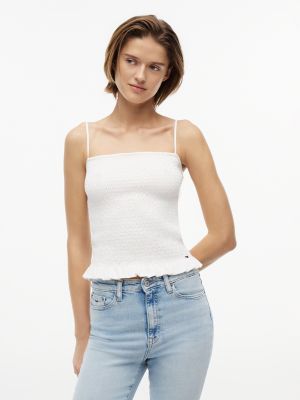 white slim fit gesmokte top met bandjes voor dames - tommy jeans