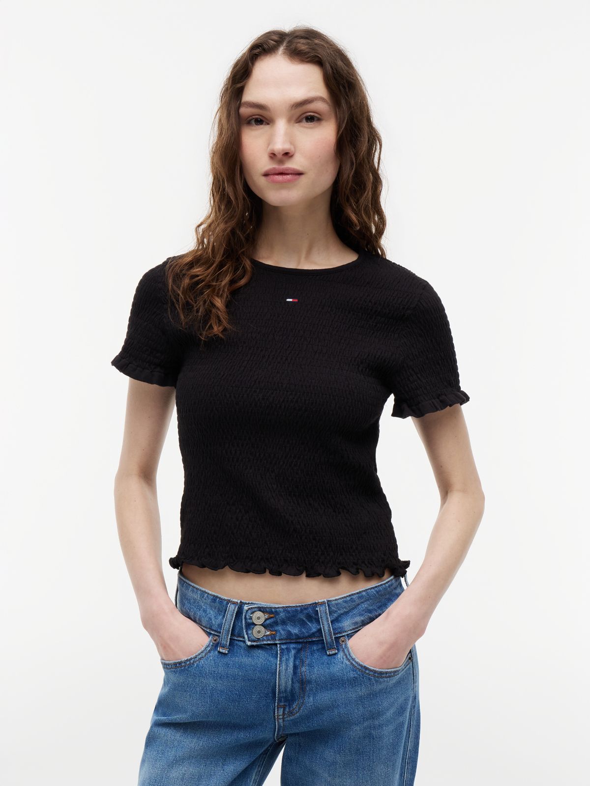 Smock Flag Embroidery Slim T-Shirt — Black