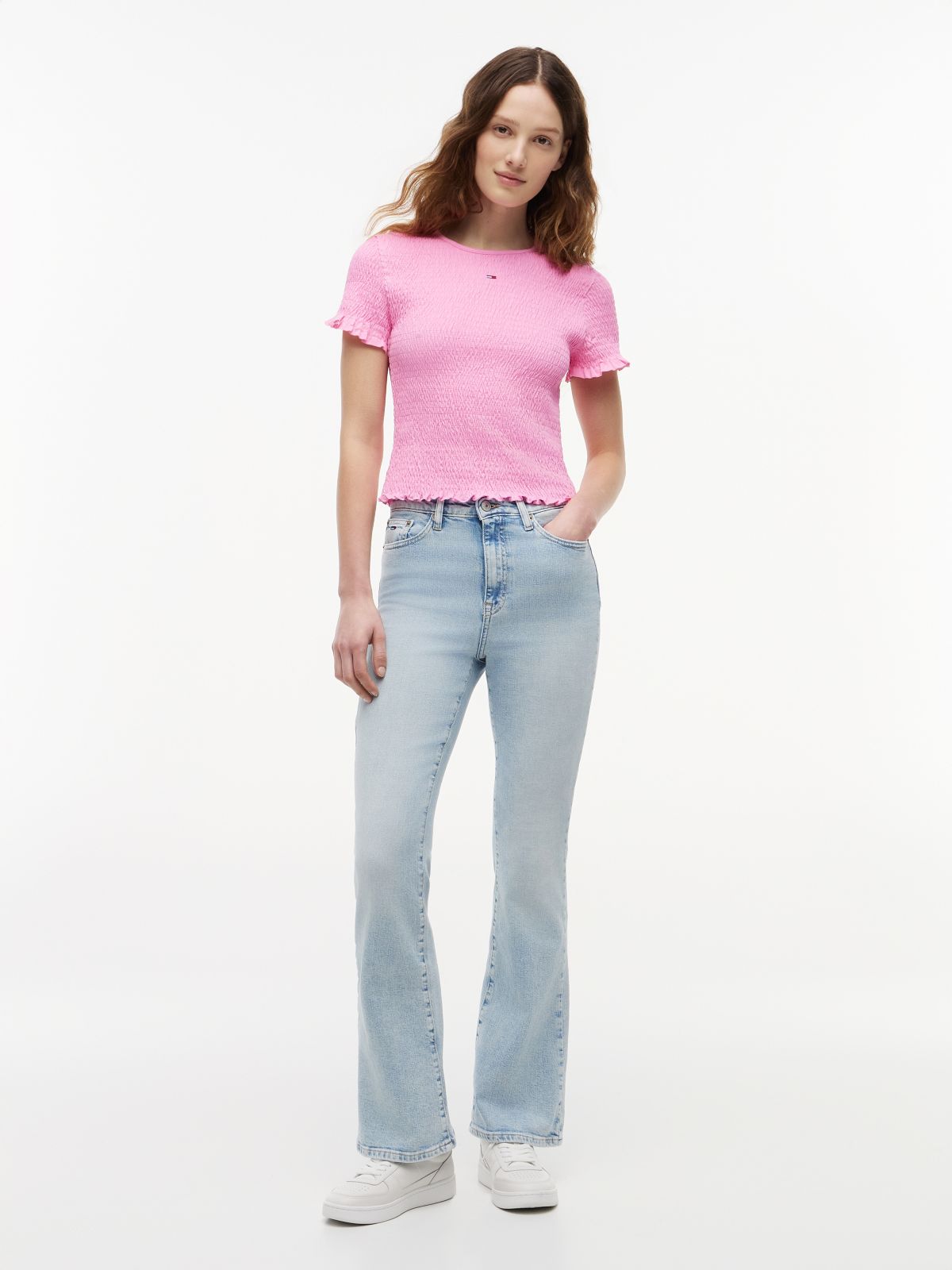 Smock Flag Embroidery Slim T-Shirt — Pink