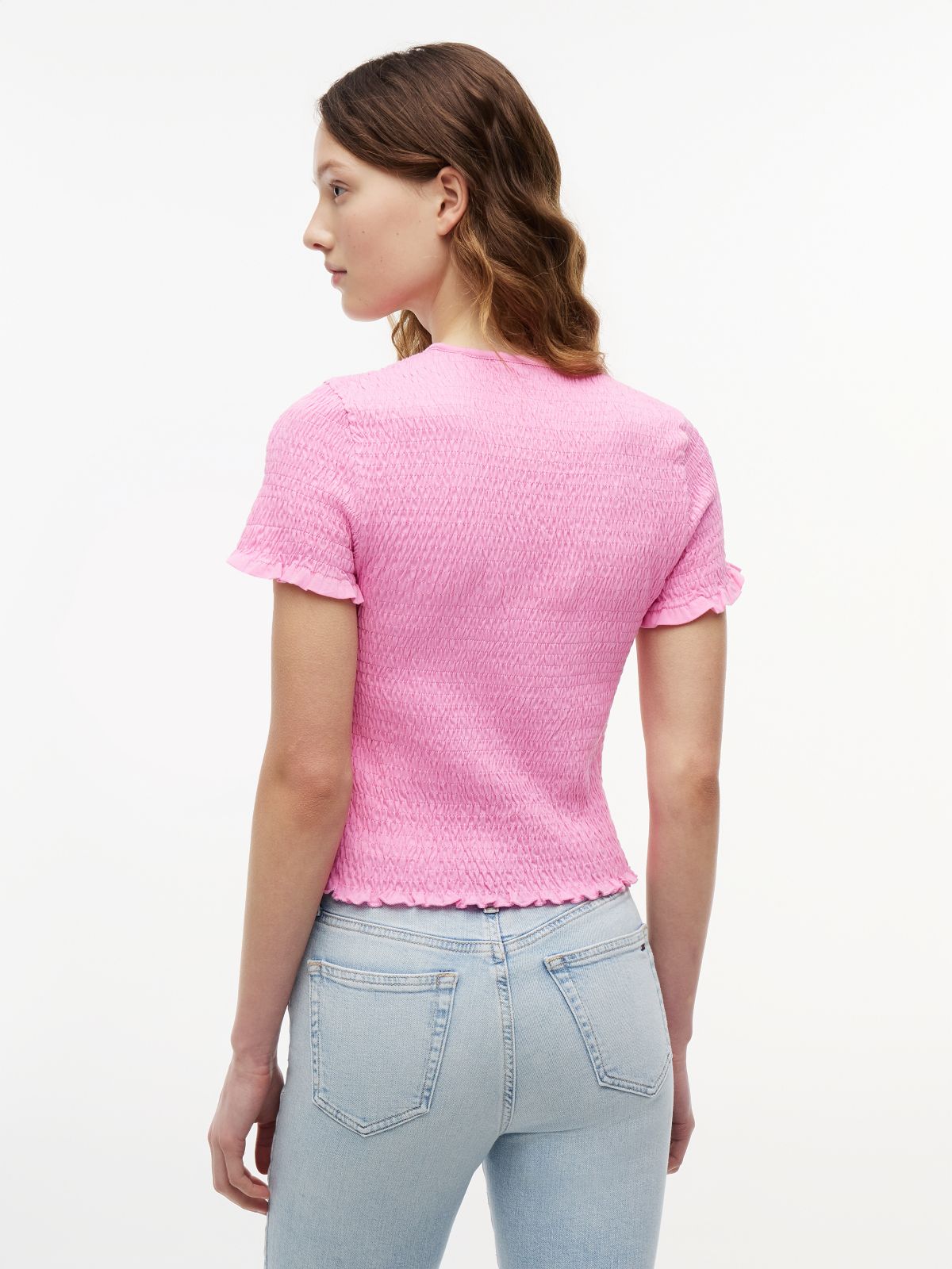 Smock Flag Embroidery Slim T-Shirt — Pink