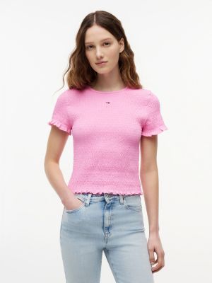 pink smock flag embroidery slim t-shirt for women tommy jeans