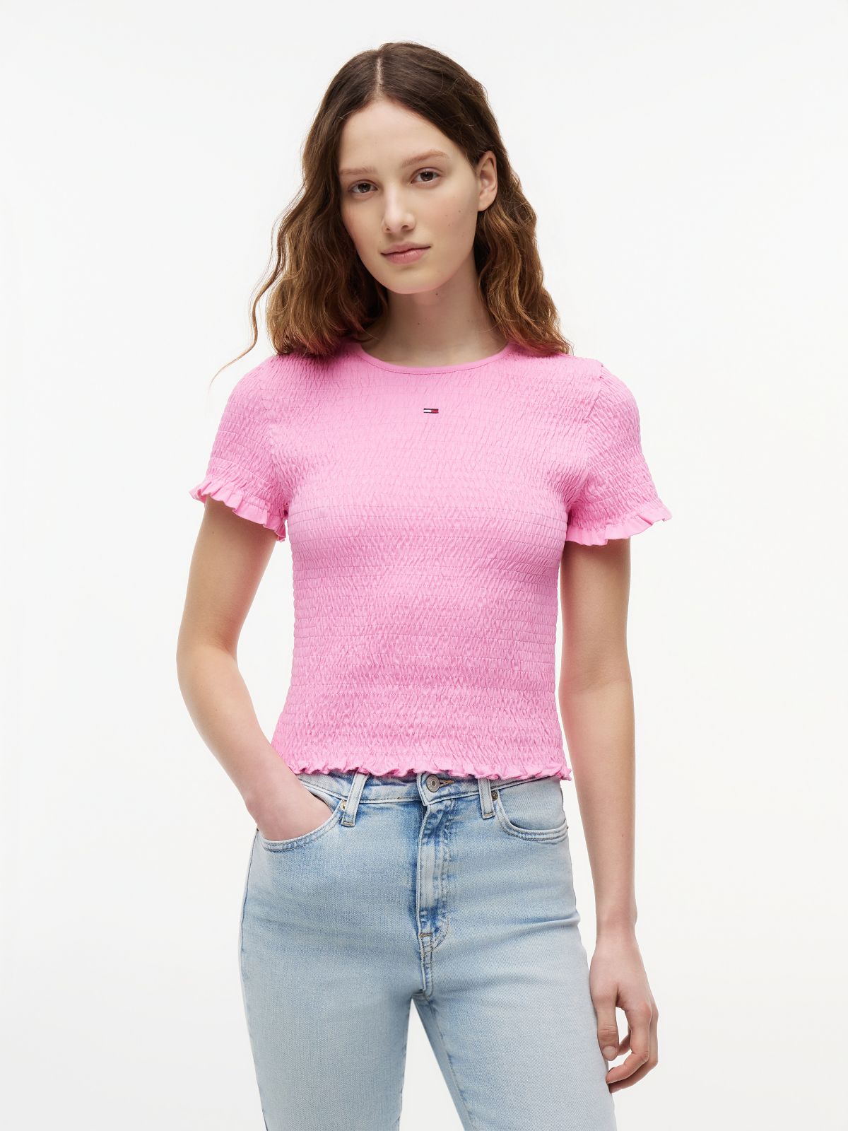 Smock Flag Embroidery Slim T-Shirt — Pink