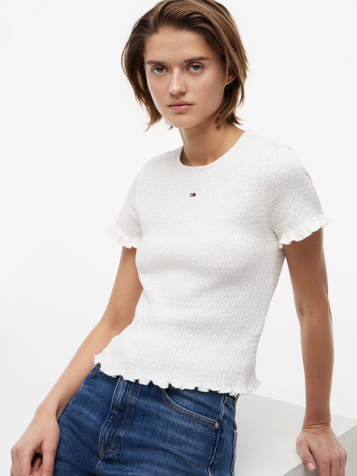 Smock Flag Embroidery Slim T-Shirt — White