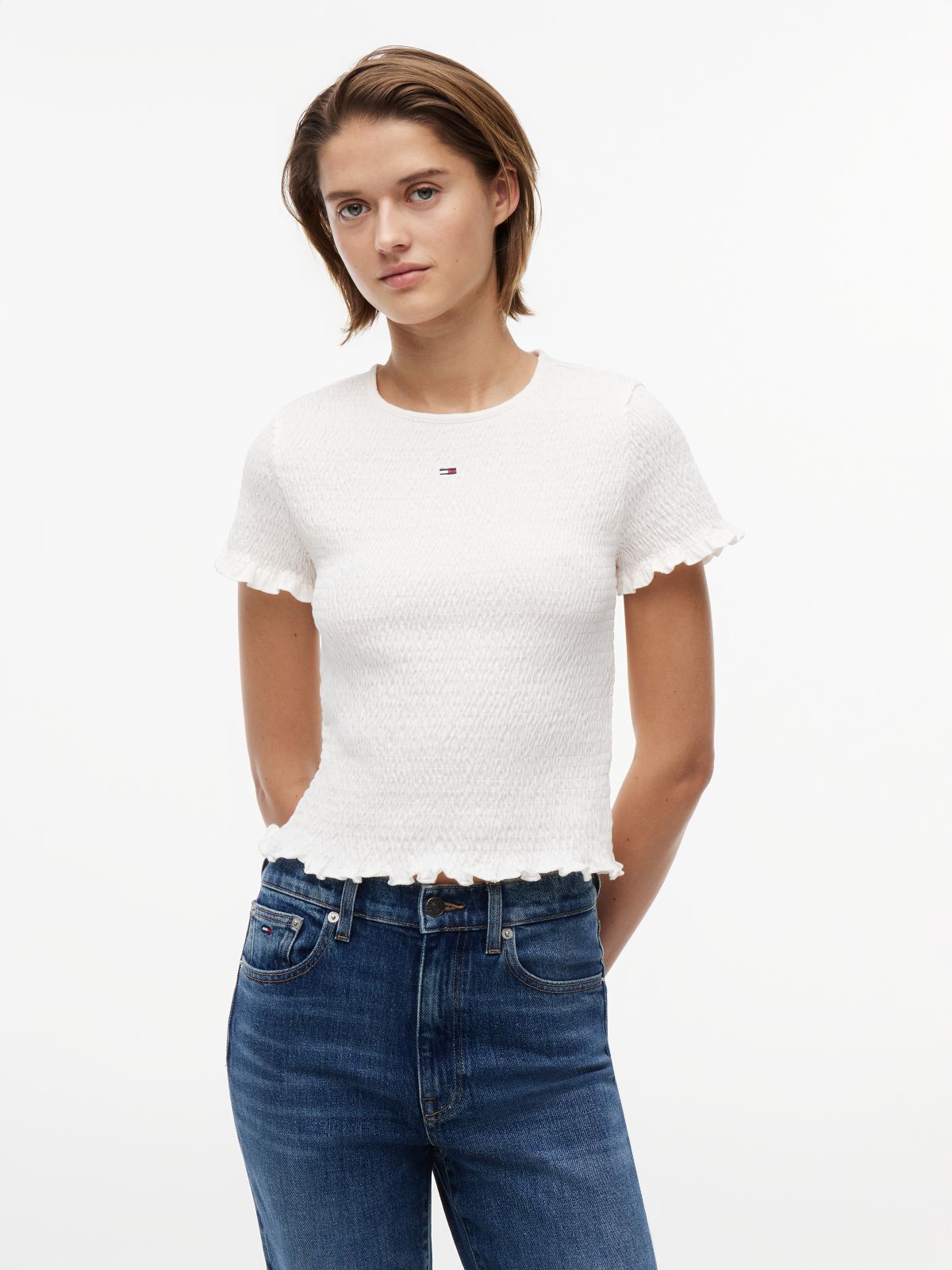Smock Flag Embroidery Slim T-Shirt — White